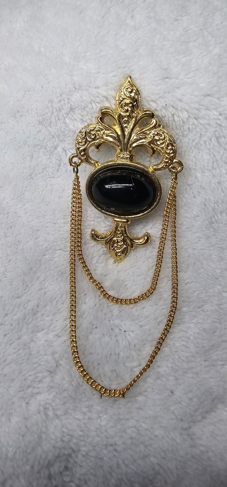 Vintage Bergère Fleur-de-Lis Draped Chain Brooch Gold Tone Black Cabochon Pin