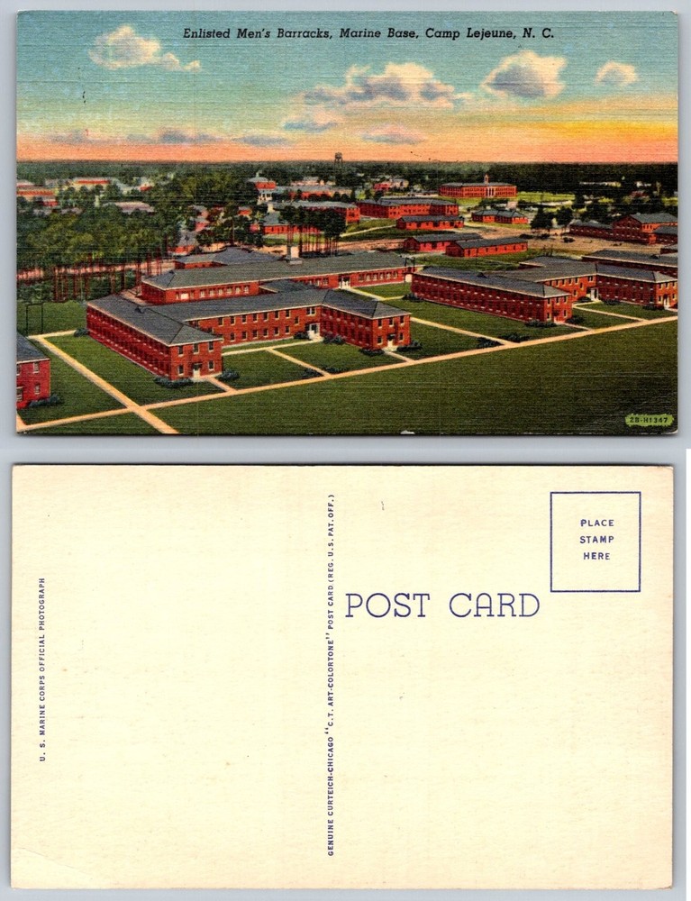 Vintage Camp Lejeune NC Marine Base Barracks Linen Postcard 1940s Curteich