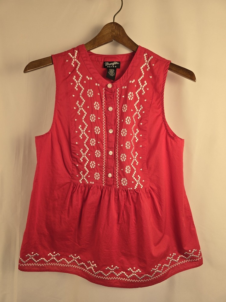 Women's Wrangler Retro Pink/Red Embroidered Voile Peasant Sleeveless Size M