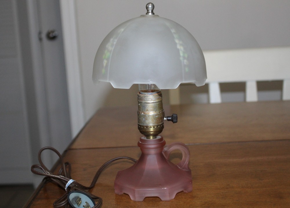 Houzex Art Deco Pink Satin Glass Boudoir Finger Lamp w/ Frosted White Clip Shade