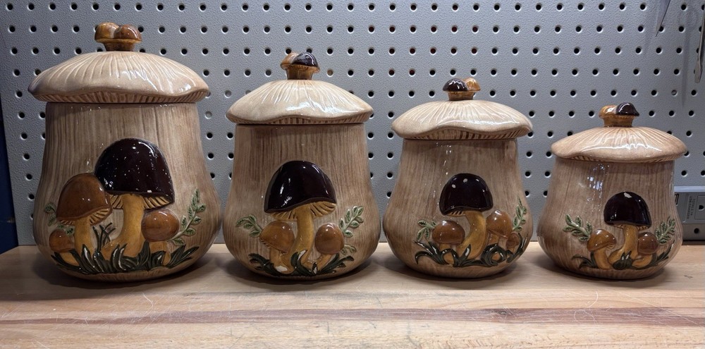 Vintage Arnel's Ceramic Mushroom Canister with Lid Set of 4 - 1978