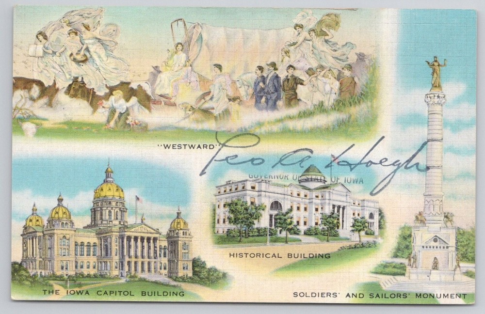 Iowa Multi-View Postcard Capitol Westward Mural Soldiers Sailors Monument