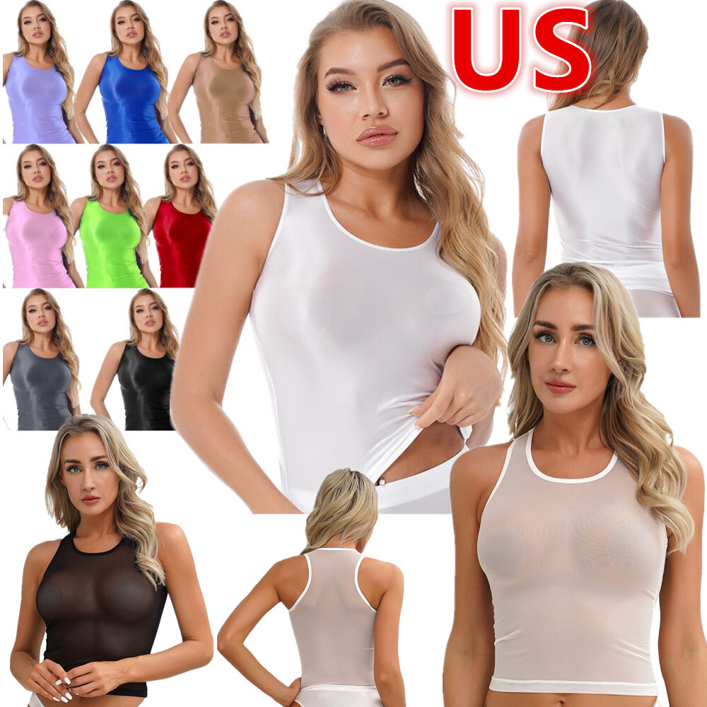 US Womens Glossy Camis Sport Fitness Sleeveless Tops Round Neck Slim Fit T-shirt