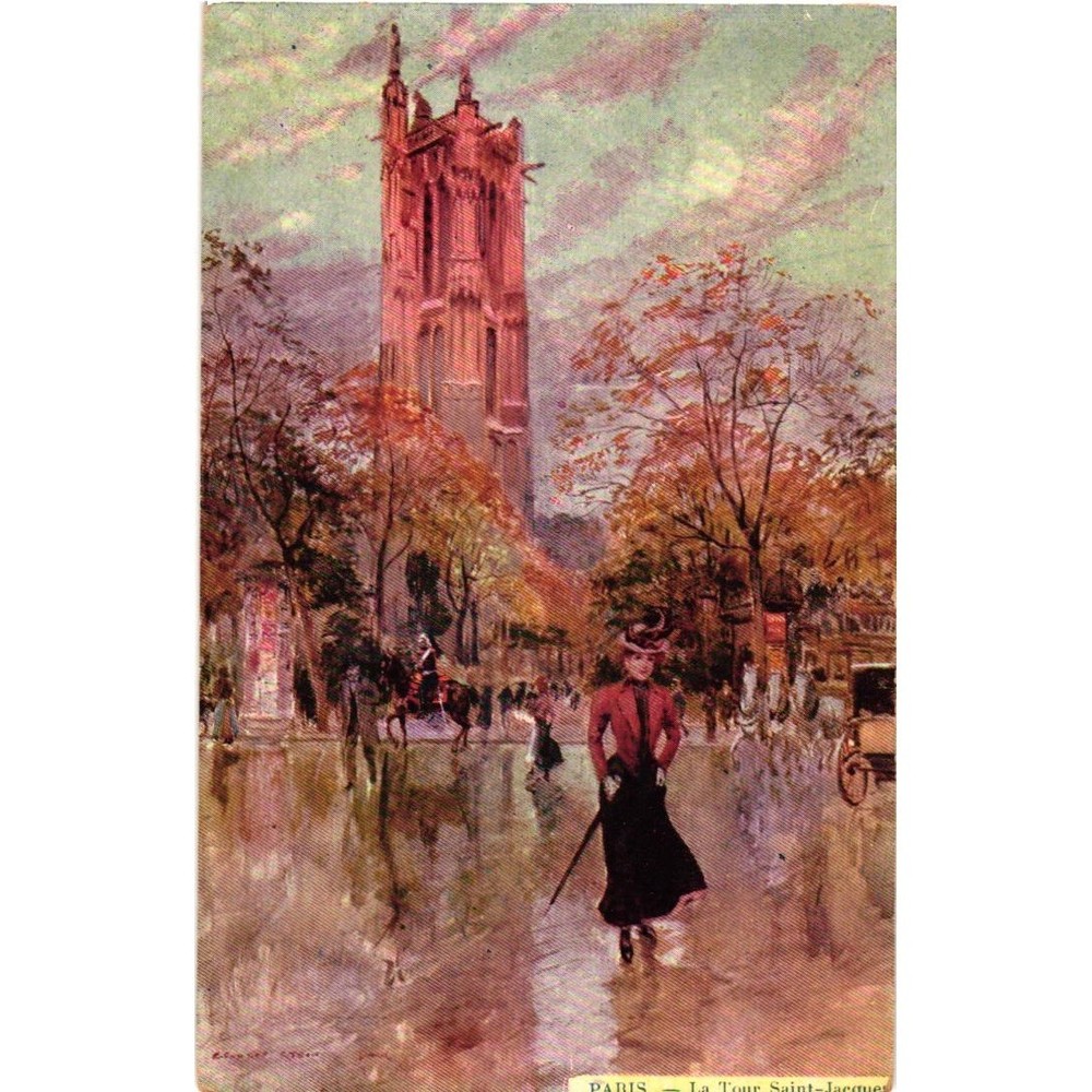 Paris La Tour Saint-Jacques Vintage Art Postcard Rainy Street Scene