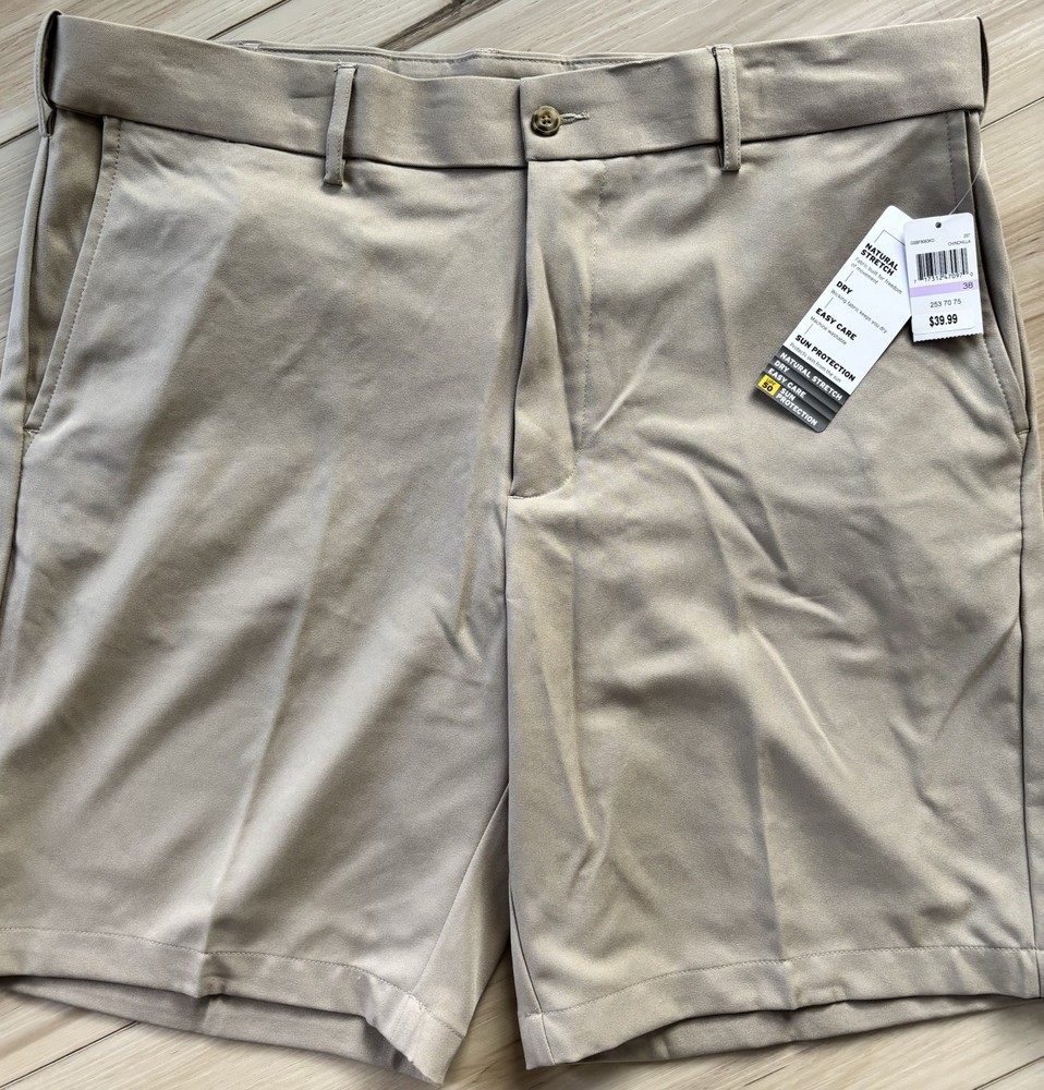 Grand Slam Performance Shorts Men's 38 Tan Flat Front Expandable Waistband New