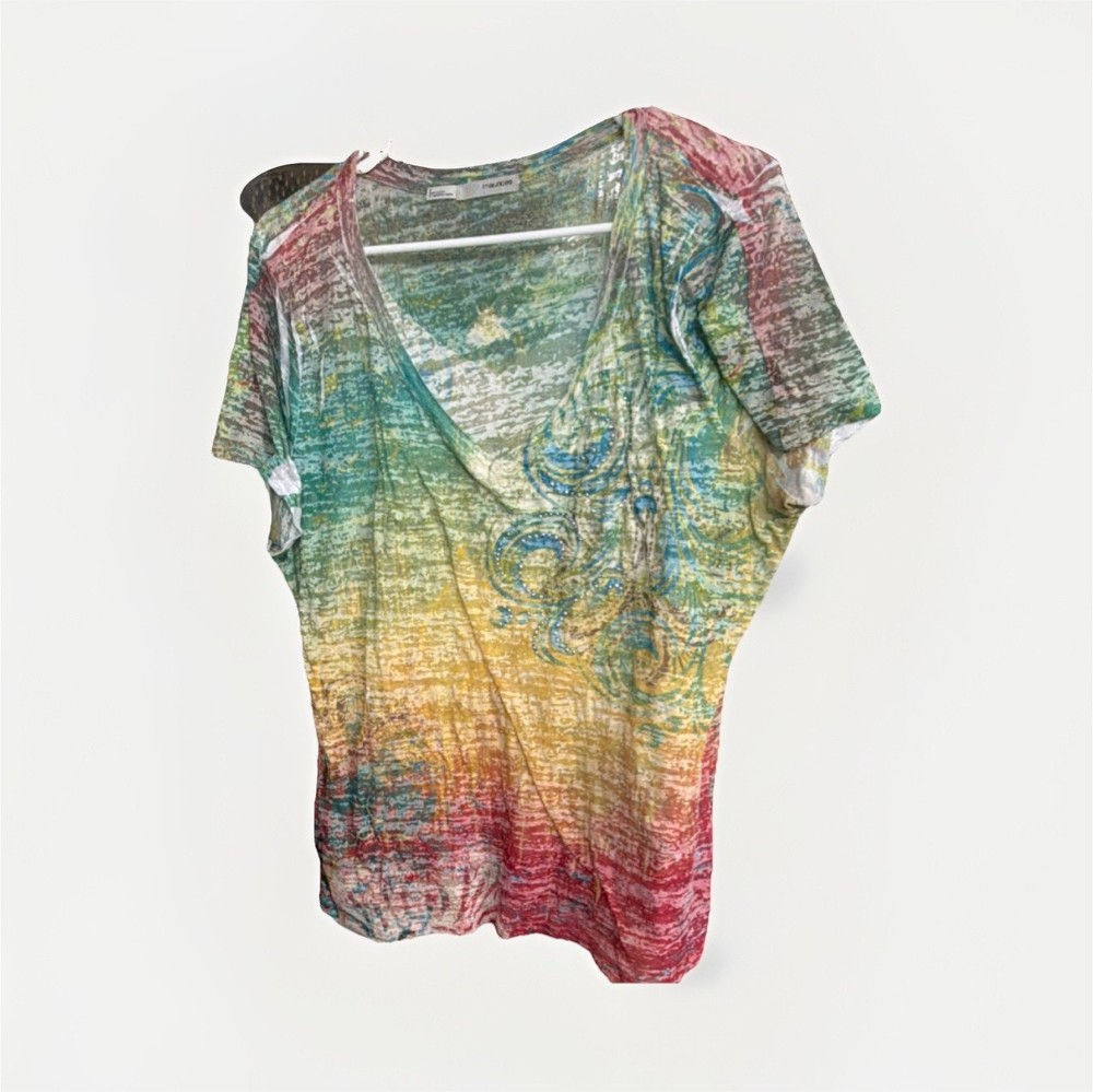 maurices Multicolor V-Neck Short Sleeve Knit T-Shirt Women's Size 2 Pullover