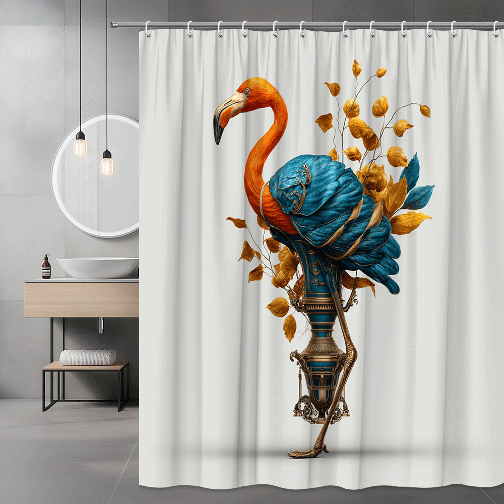 Flamingo Shower Curtain Blue Orange Leaves Graphic