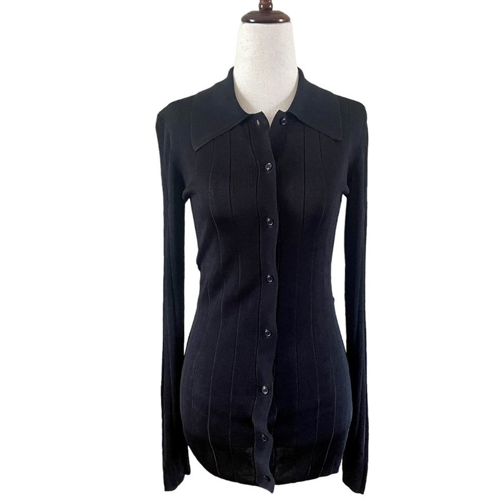 St. John Ribbed Knit Collared Cardigan Sweater Button Front Solid Black in XS