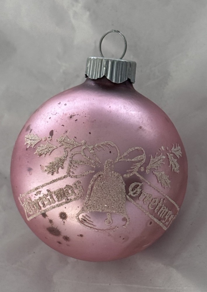 Vintage Shiny Brite Soft Pink Stenciled Mica Ornament Christmas Greetings