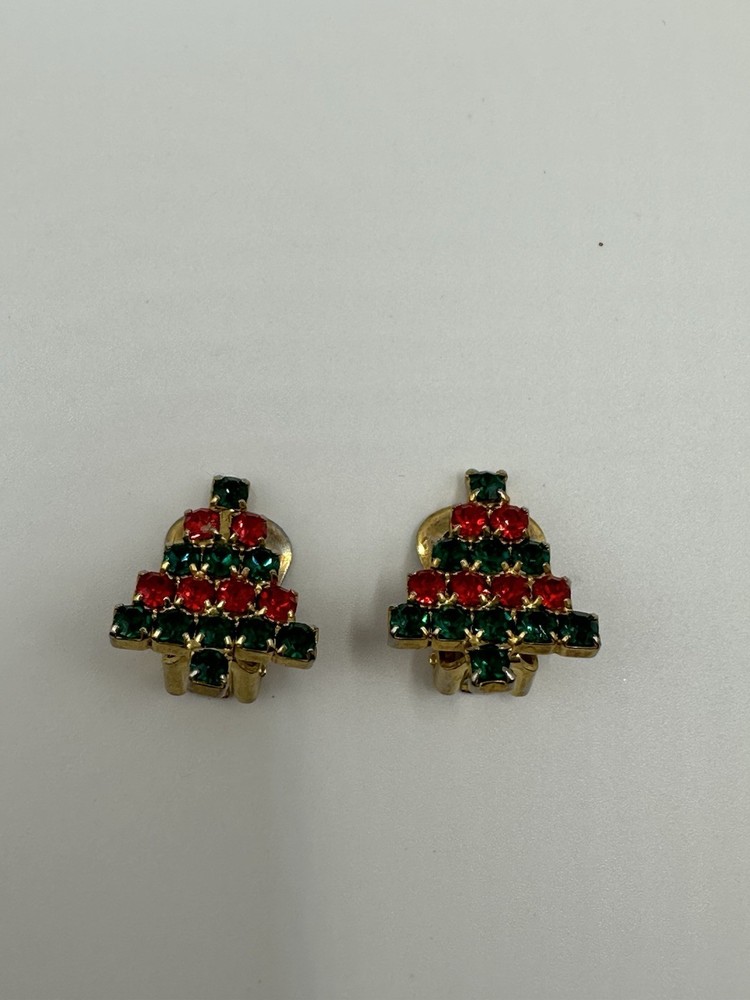 Vintage Red & Green Rhinestone Gold Tone Christmas Tree Earrings. .5”L