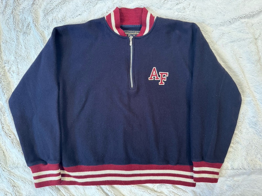 VTG Abercrombie & Fitch 1/4 Zip Wool Sweater Letterman Varsity Men's M Blue Y2K