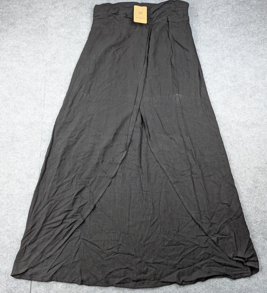 Skies Are Blue Maxi Skirt Womens Medium Black Linen Faux Wrap Coastal Beach Goth