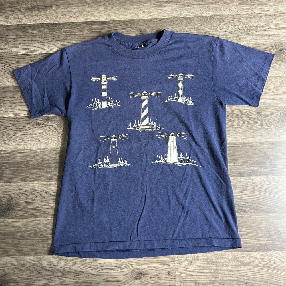 VTG Lighthouse T Shirt Fits Medium SIngle Stitch 1990s Glitter Faded 90s