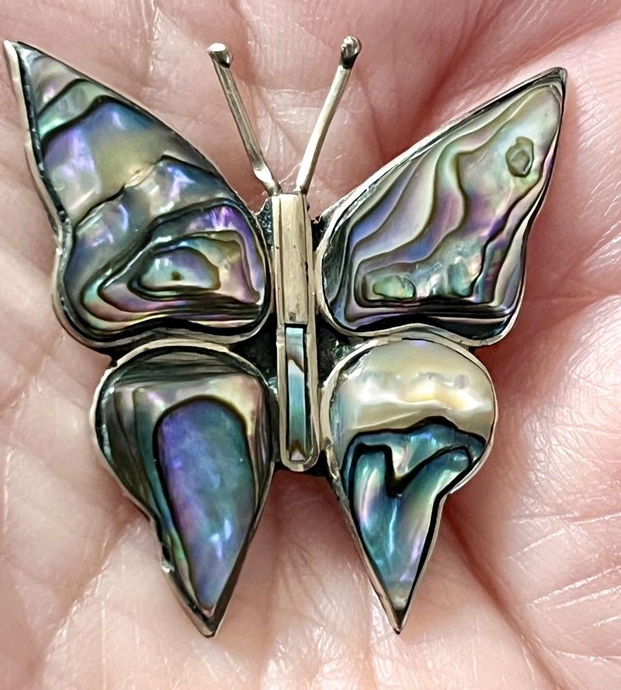 Vintage Mexico Alpaca Sterling Silver 925 Butterfly Brooch w Beautiful Abalone