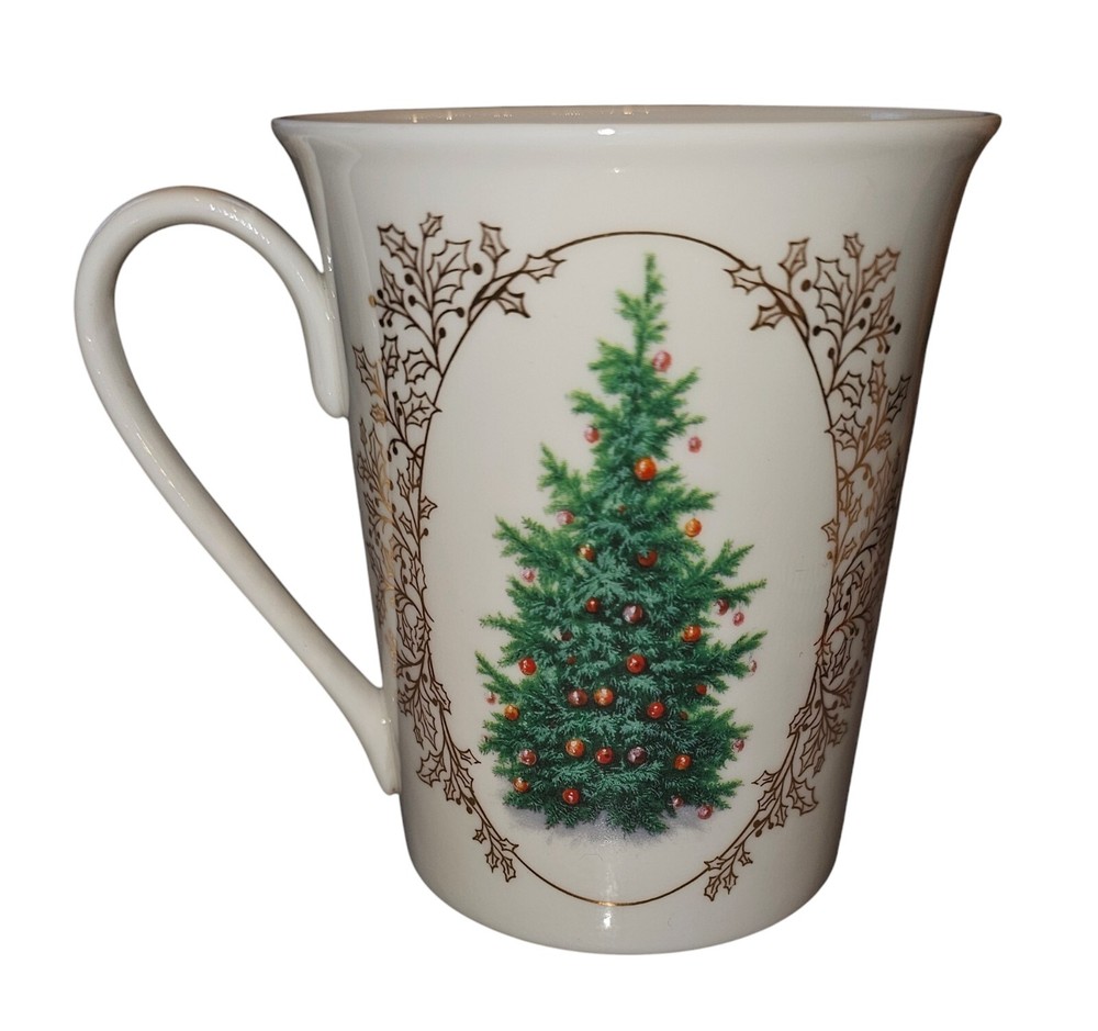 Elegant Christmas Tree China Porcelain Mug with Gold Holly Accents from Thailand-image