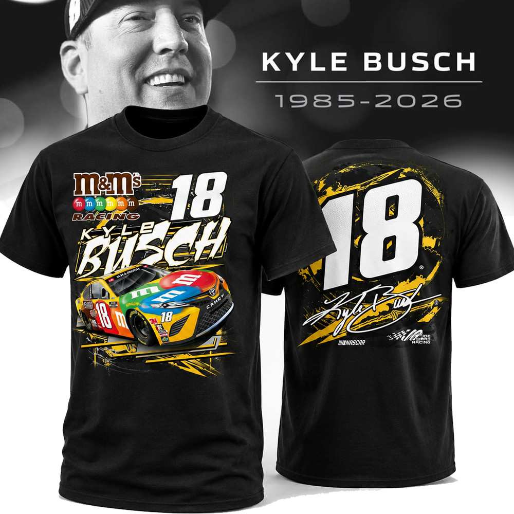Kyle Busch 18 T-Shirt Joe Gibbs Racing M&Ms NASCAR Double Sided Graphic Tee