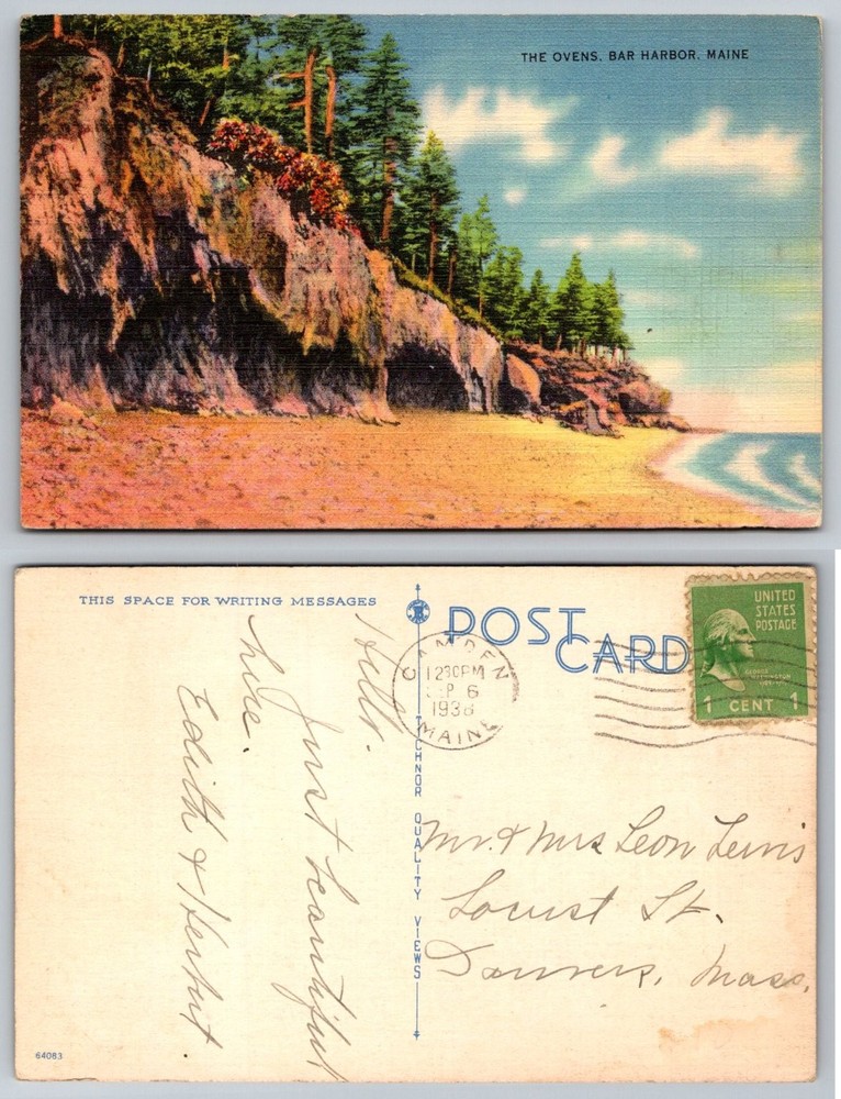1938 The Ovens Bar Harbor Maine Linen Postcard Coastal Caves Beach Pines