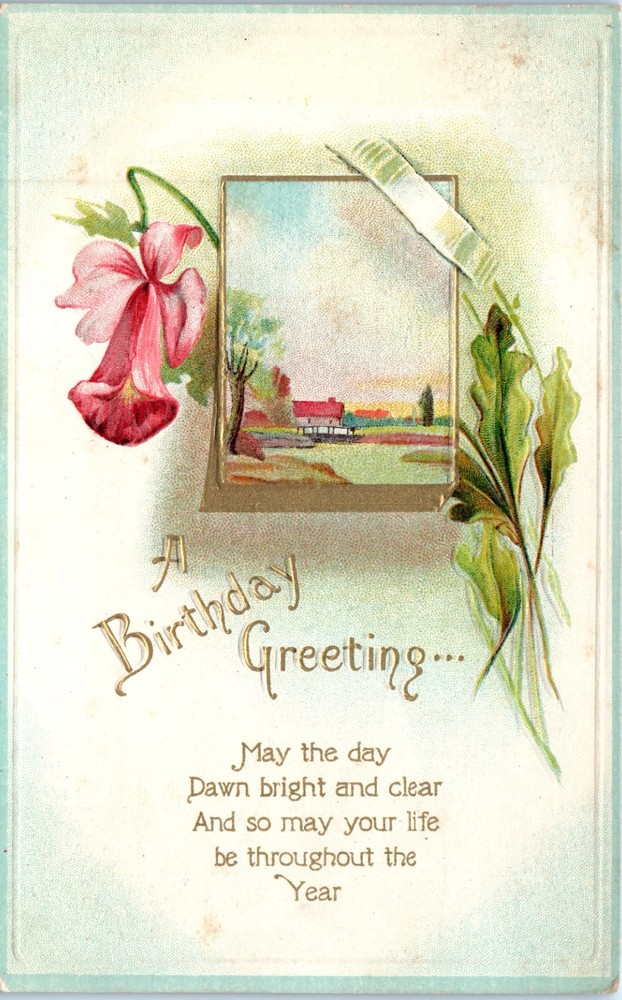 Vintage - Lovely Country Scene W Flowers Embossed Birthday - Postcard - P12