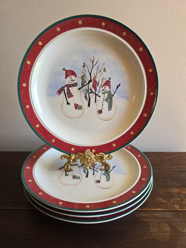 Set Of 4 Royal Seasons Red Trim Snowmen Stoneware Christmas  Dinner Plates