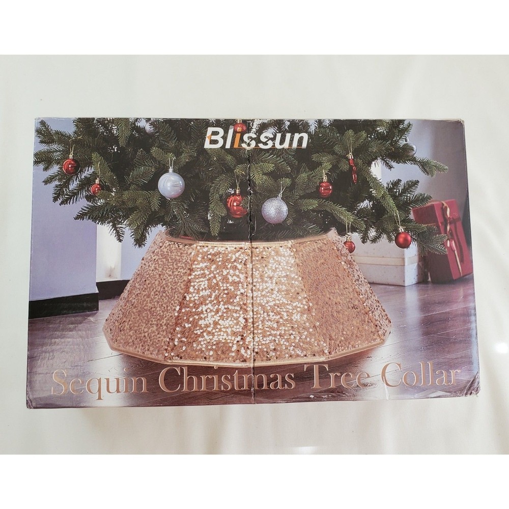 Blissun Foldable Champagne Sequin Christmas Tree Collar Skirt for Festive Decor