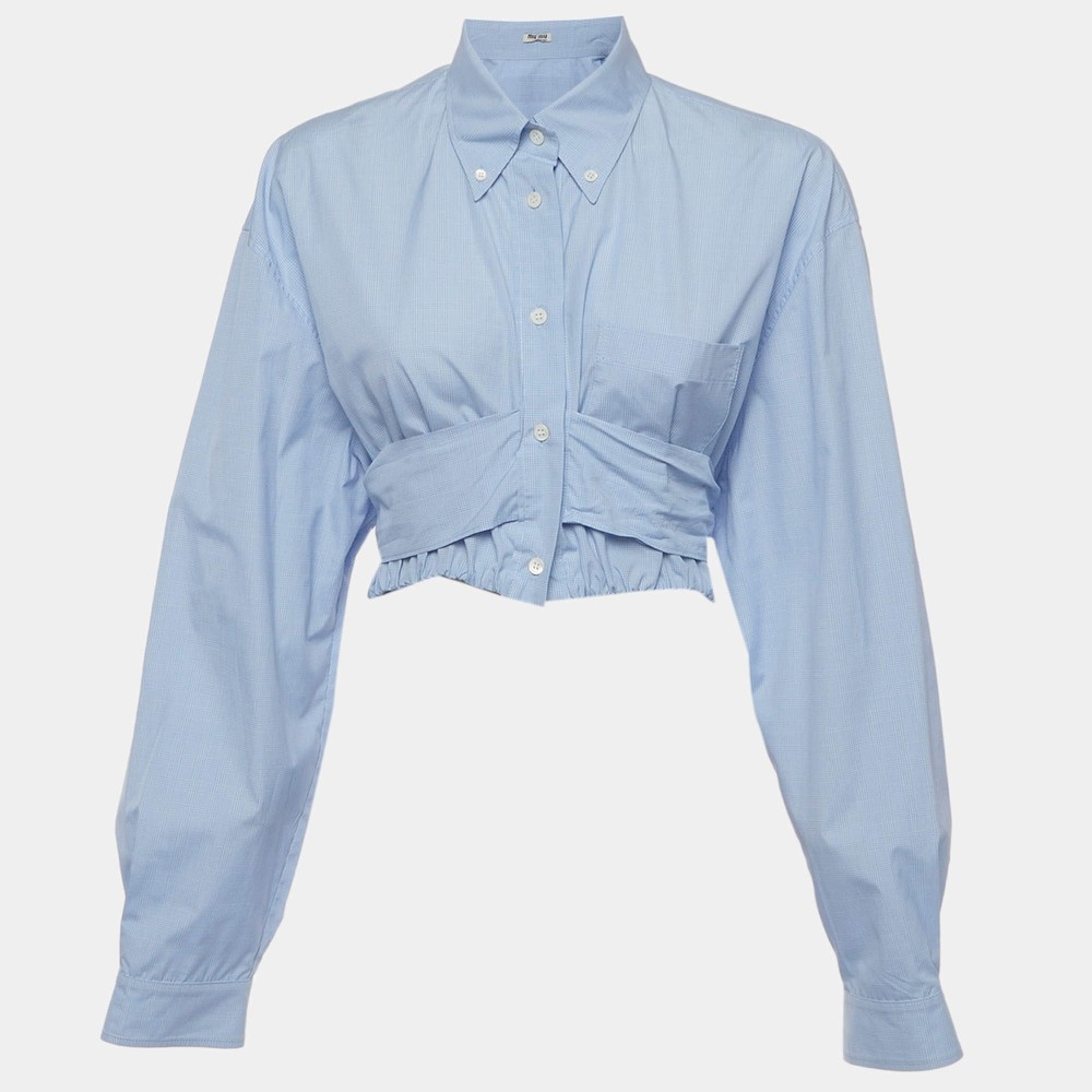 Miu Miu Blue Check Cotton Bow Tie Cropped Shirt M