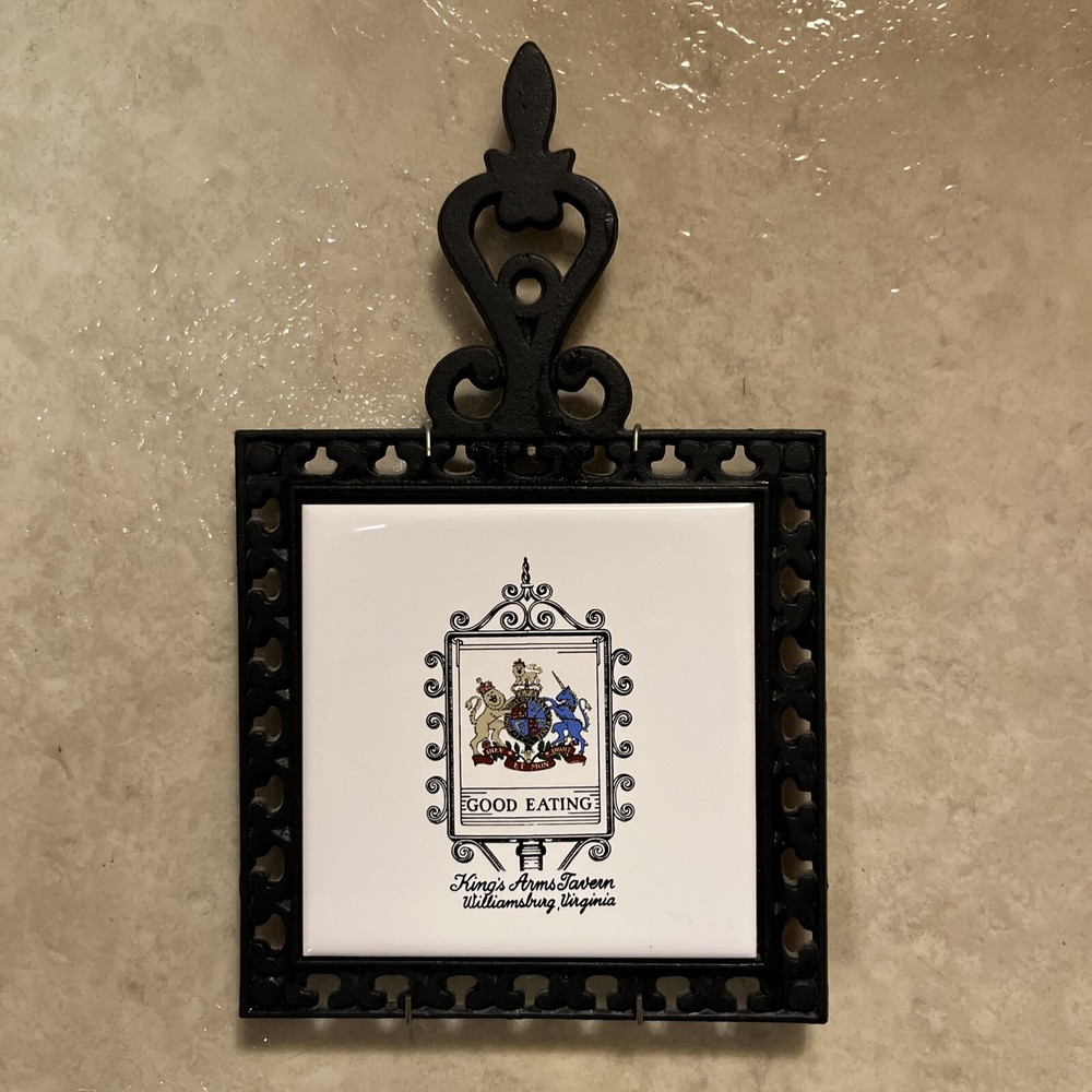 Vtg Cast Iron & Ceramic Tile Trivet ✅ Kings Arms Tavern Williamsburg Virginia