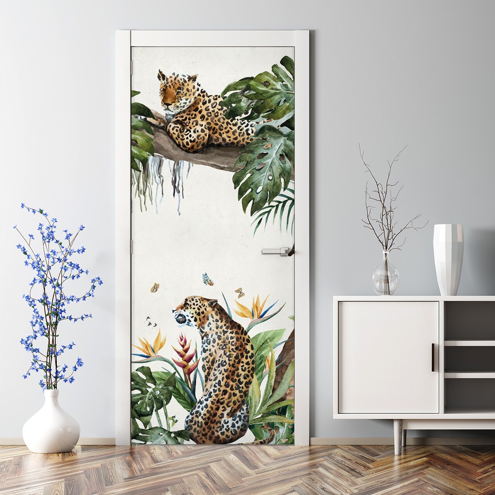 Bubble Free Door sticker Tropical Cheetahs Mural Floral Watercolour Decal