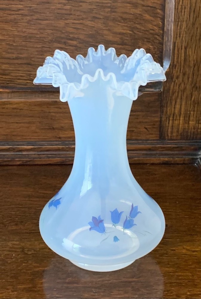 Bohemian Translucent Opaline Glass Vase-Ruffled with Hand-Painted Blue Flowers
