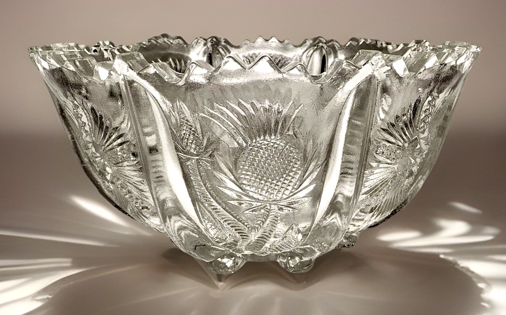 Elegant 1908 Higbee Glass Serving Bowl Paneled Thistle Antique w/ Serrated Rim
