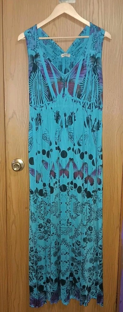 One World Sleeveless Maxi Dress Womens Size 2XL Blue Butterfly Floral Design...