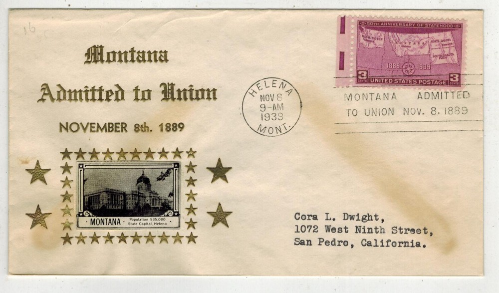 1939 CROSBY FDC NORTHWEST STATEHOODS 858-14A.2 SCARCE GOLD HELENA MONTANA