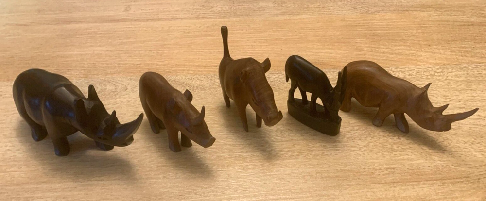TEAK WOOD African Horned Animals Hand Carved RHINO BOAR IBEX ANTELOPE *Lot of 5*