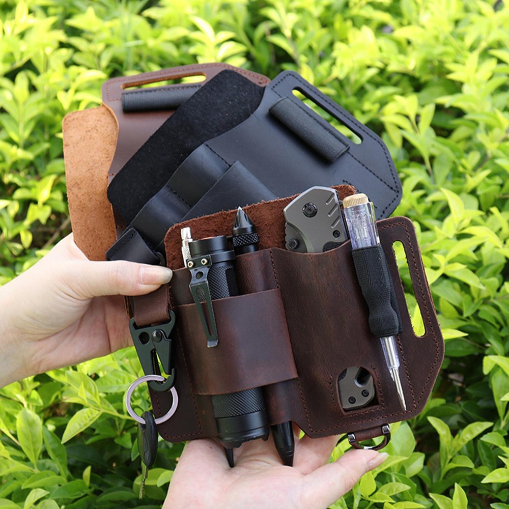 Men Leather EDC Tool Holster Belt Sheath Pocket Organizer For Flashlight Knife