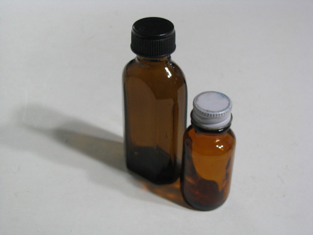 2pc Lot Set Brown Glass Bottle Jar Containers w/ Plastic & Metal Lids Small Mini