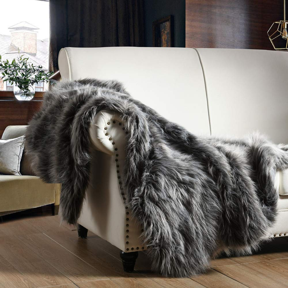 Luxury Faux Fur Throw Blanket, Grey and Black High Pile Mixed Throw Blanket, ...