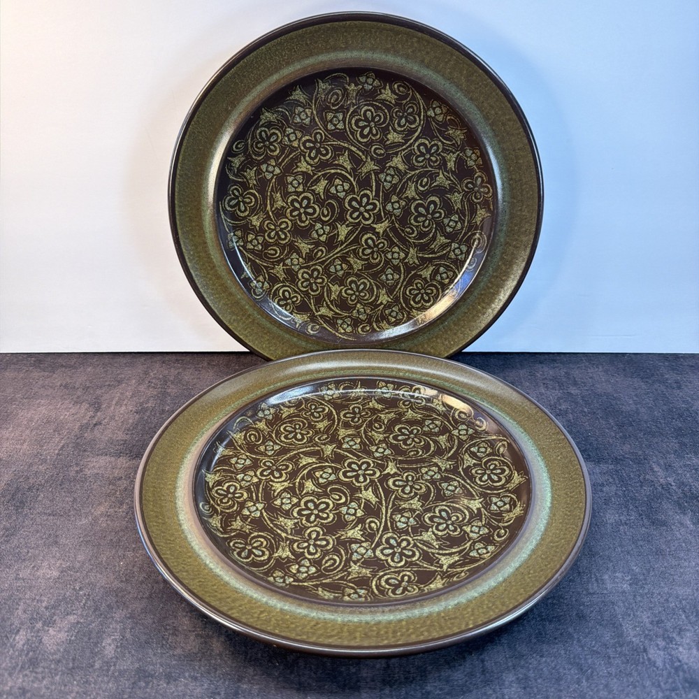 2 Franciscan Madeira Earthenware Dinner Plates, 10.5”, Brown & Green Floral, VTG