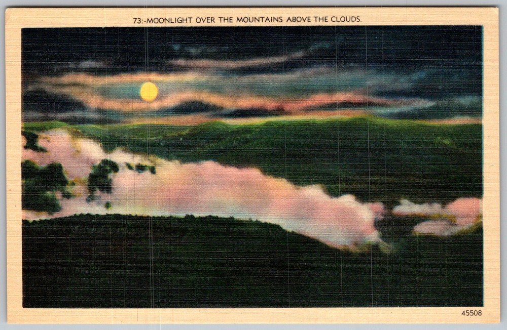 Vtg Linen Postcard Moonlight Over Mountains Asheville, NC 1930s