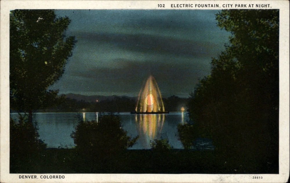Denver Colorado ~ Electric Fountain City Park night view vintage postcard sku061