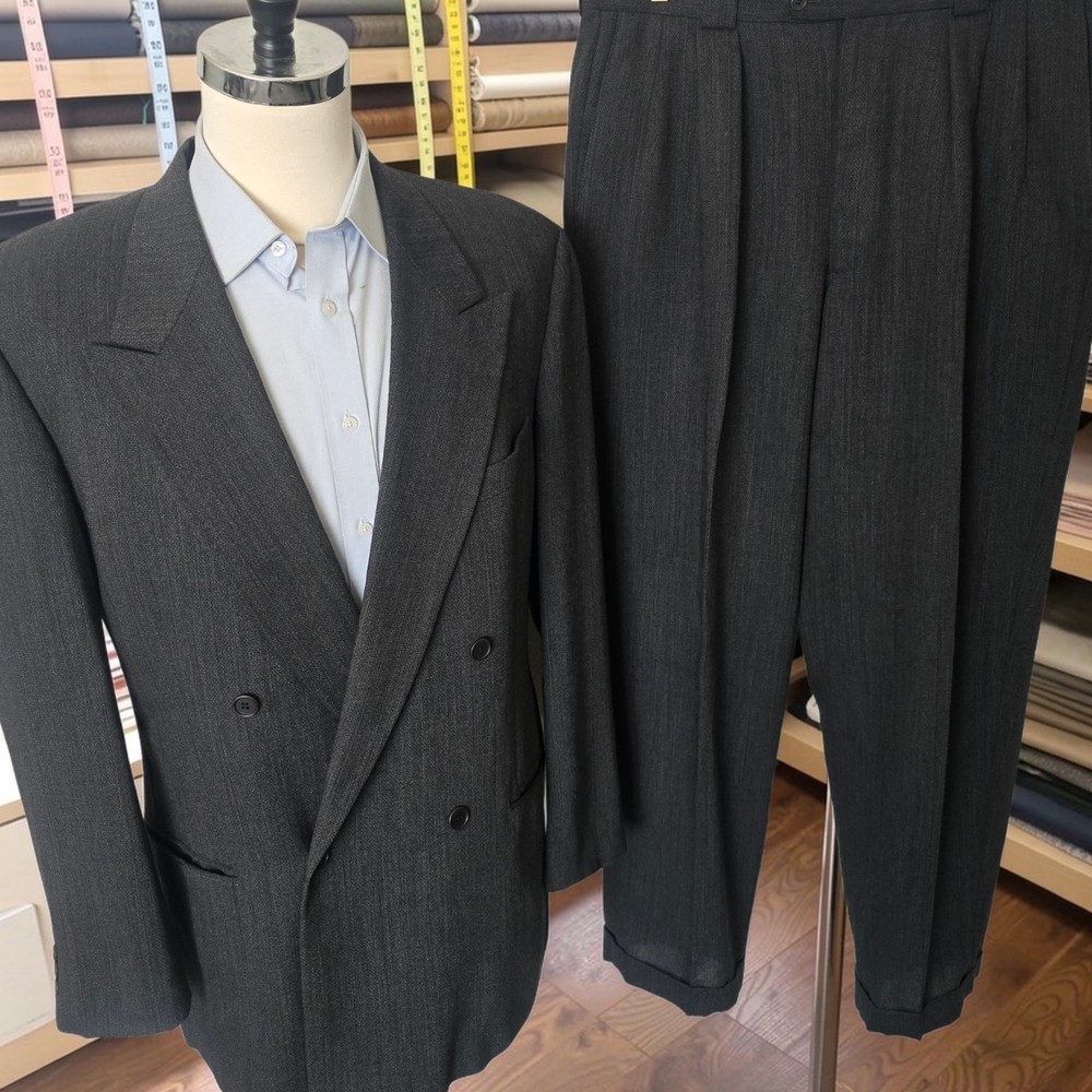 Vintage Mani Double Breasted Suit 44L 37x31 Wool Hopsack Lightweight Peak Lapel