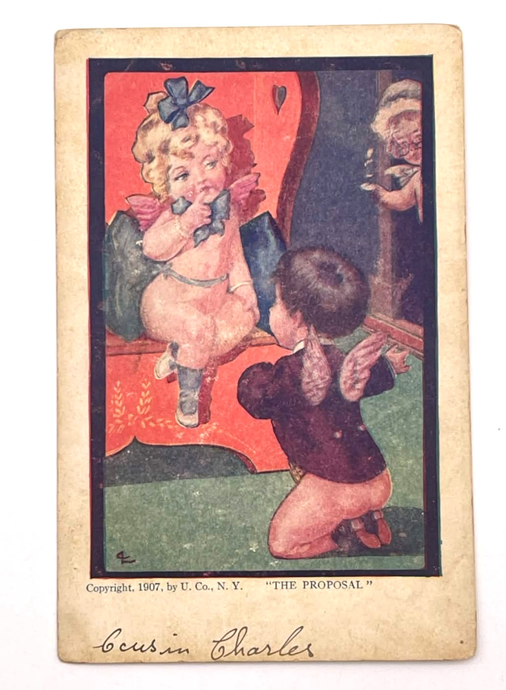 Antique Valentine Cherub Proposal Cupid Mirror Scene Postcard c1910