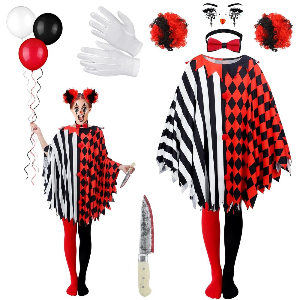13 Pcs Halloween Scary Poncho Clown Costume Accessories for Women Black Red C...
