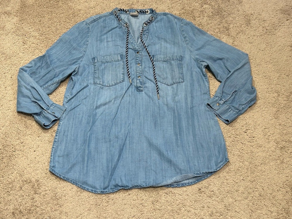 Chico's Womens Shirt Size 2 Blue Denim Pockets Embellished Neckline Classic