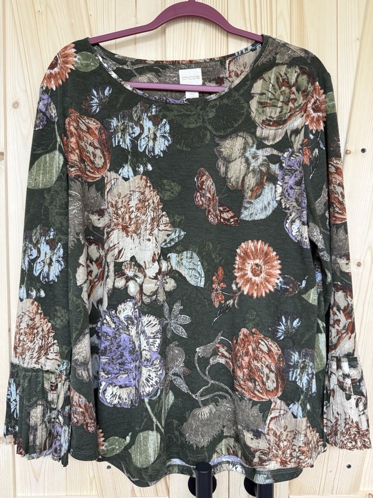 Chico's Women's Blouse Green Size 3 Floral Top Pleated Cuff  Flowers Top #912