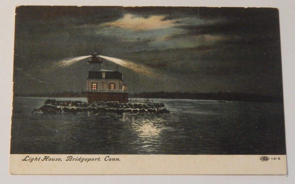 Penfield Reef Lighthouse at Night Bridgeport CT postcard vintage