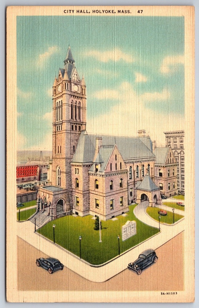 Holyoke Massachusetts~Birds Eye View Of City Hall Bldg~Vintage Linen Postcard
