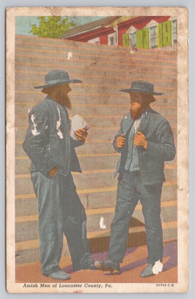 Vintage Amish Men Postcard Lancaster County PA Linen Curt Teich Art Card