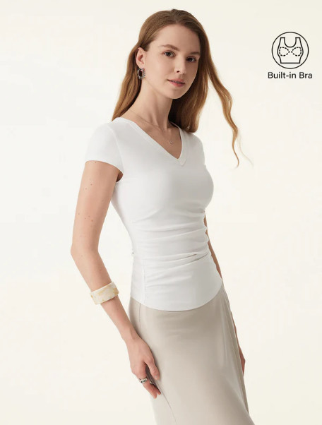 OGL Eco-SkinKiss® Elevated V-neck Side Ruched Cap Sleeve Bra Tee, Pure White