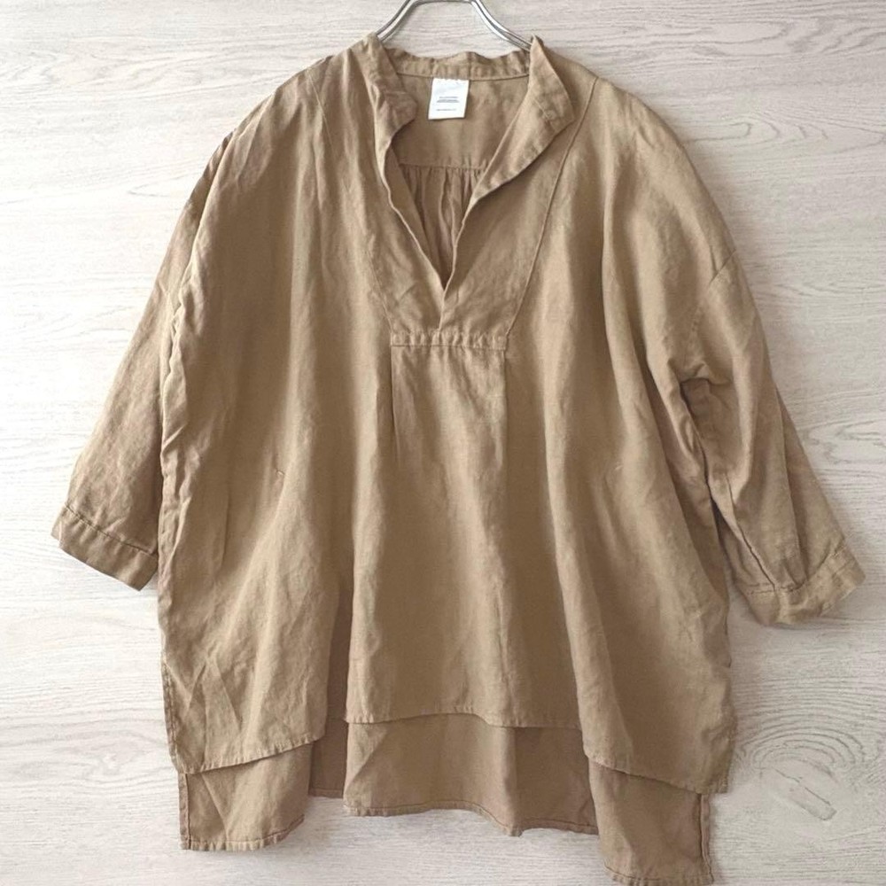 VERITECOEUR Linen Skipper Shirt Beige 7/8 Sleeve Oversized
