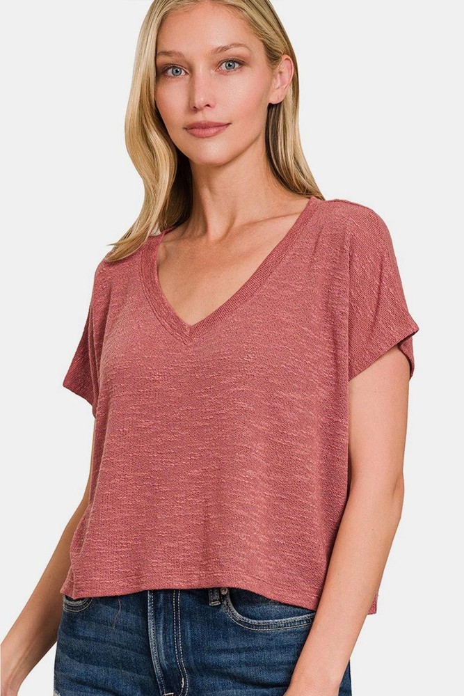 Zenana Womens V-Neck Short Sleeve Cropped Casual Tee