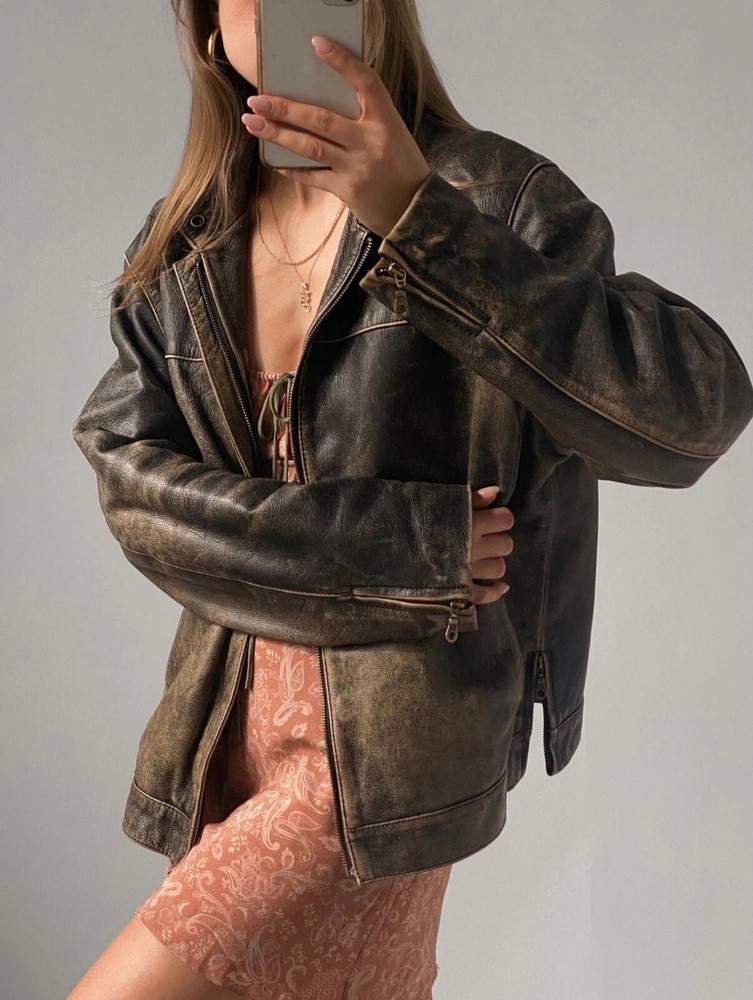 60s Oversized Leather Jacket Womens Handmade Distressed Brown Genuine Leather